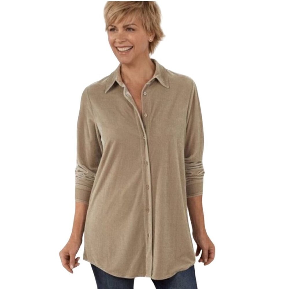 Soft Surroundings Velvet Boyfriend Button Front Shirt Tan Size M